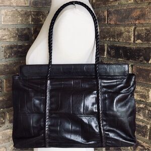 FALOR Italian Genuine Leather Croc Tote handbag BLACK Like New